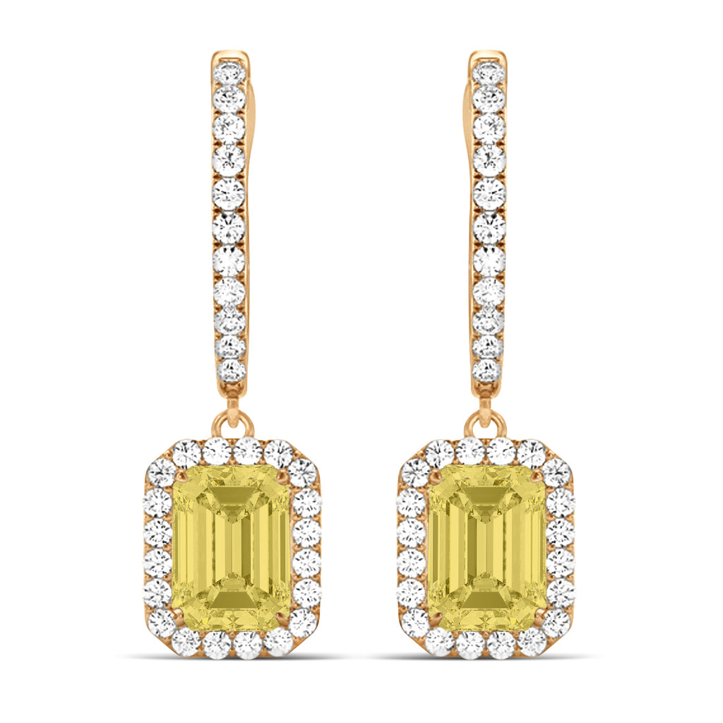 Emerald Shape Yellow Diamond & Diamond Halo Dangling Earrings 14k Rose Gold (1.50ct)