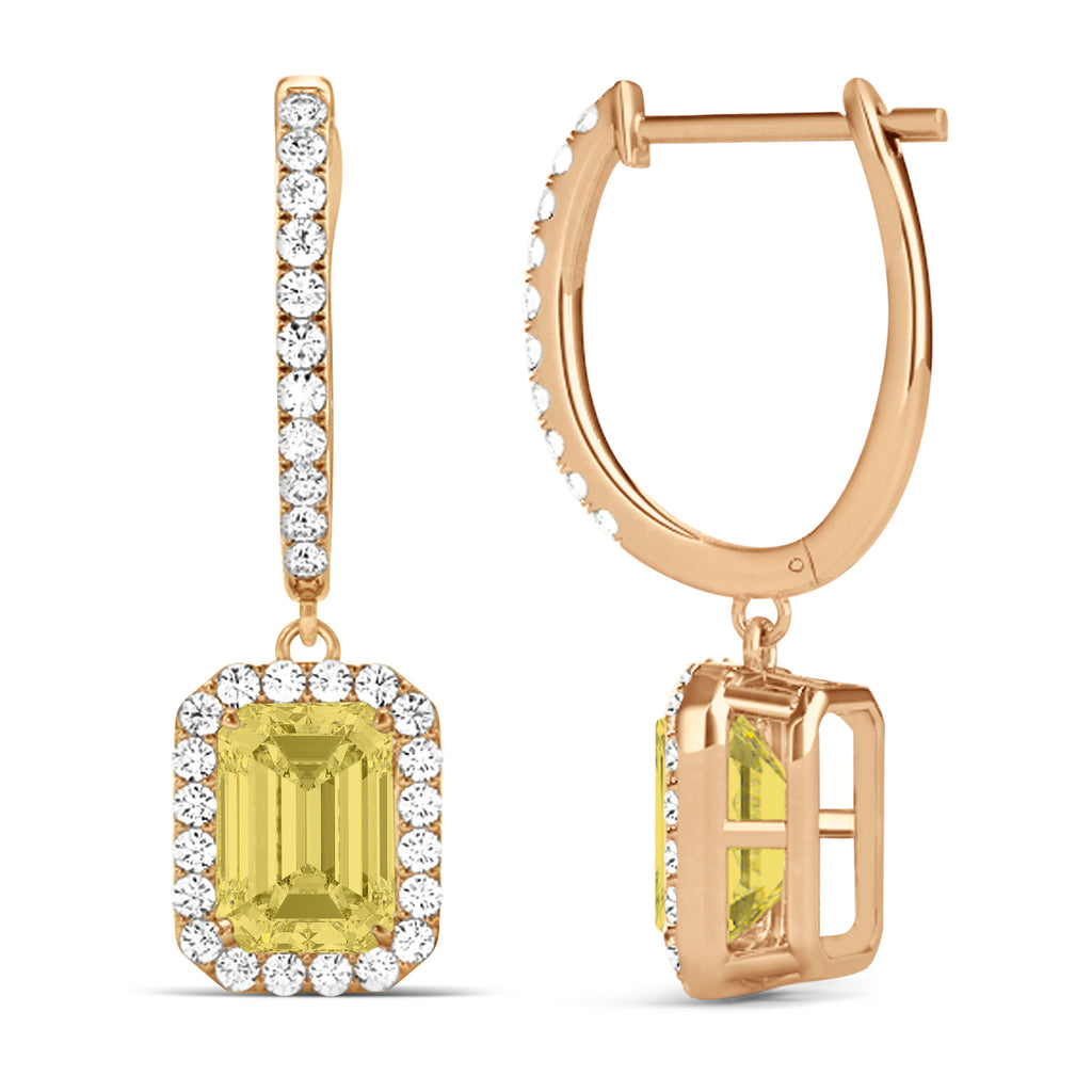 Emerald Shape Yellow Diamond & Diamond Halo Dangling Earrings 14k Rose Gold (1.50ct)
