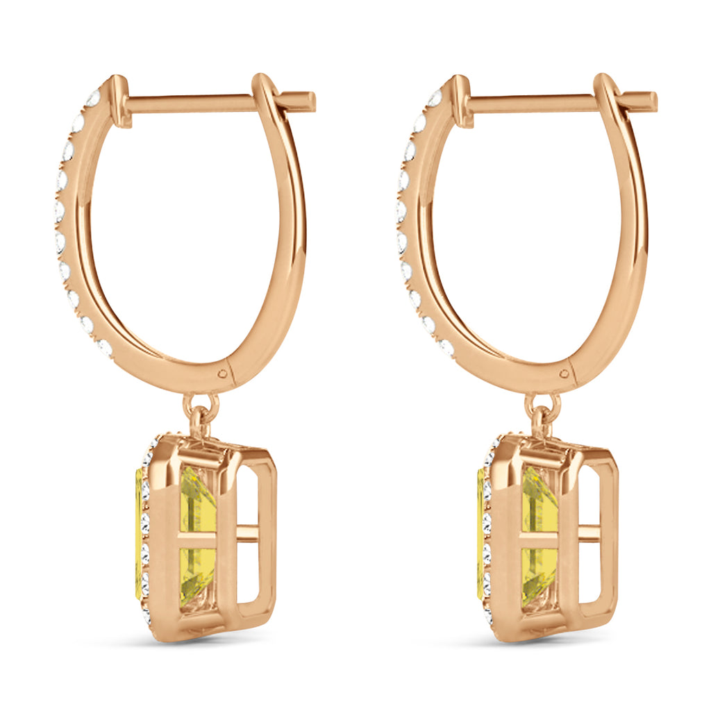 Emerald Shape Yellow Diamond & Diamond Halo Dangling Earrings 14k Rose Gold (1.50ct)