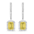 Emerald Shape Yellow Diamond & Diamond Halo Dangling Earrings 14k White Gold (1.50ct)