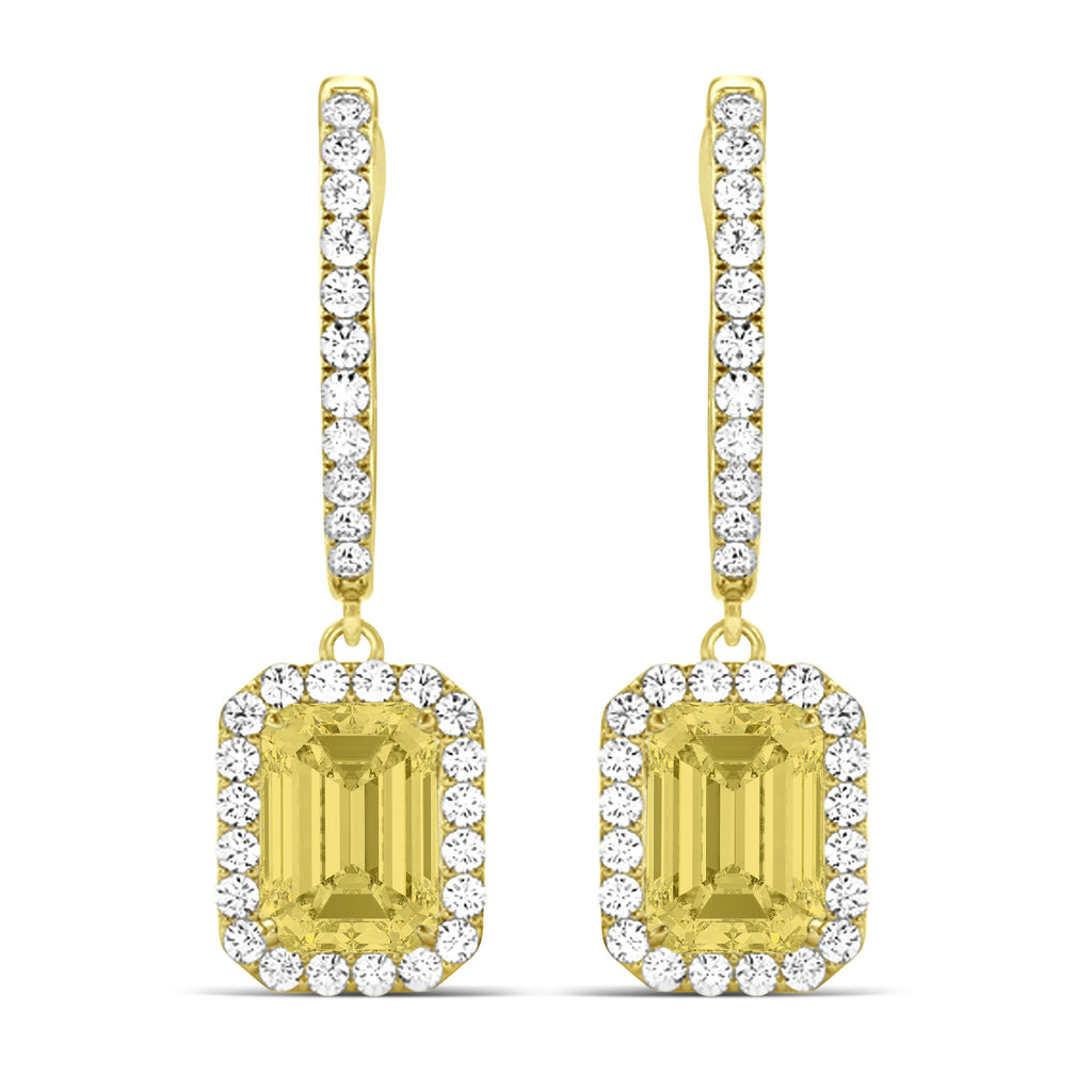 Emerald Shape Yellow Diamond & Diamond Halo Dangling Earrings 14k Yellow Gold (1.50ct)