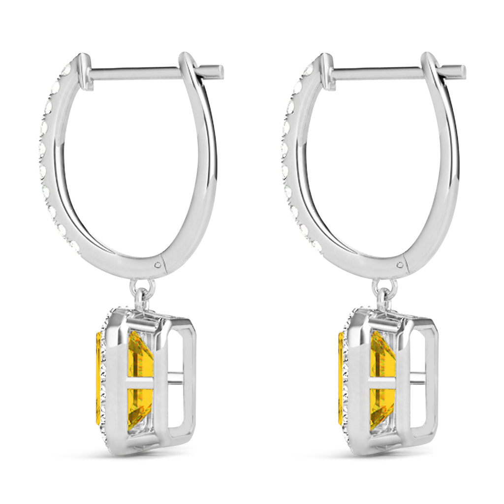 Emerald Shape Yellow Sapphire & Diamond Halo Dangling Earrings 14k White Gold (1.90ct)