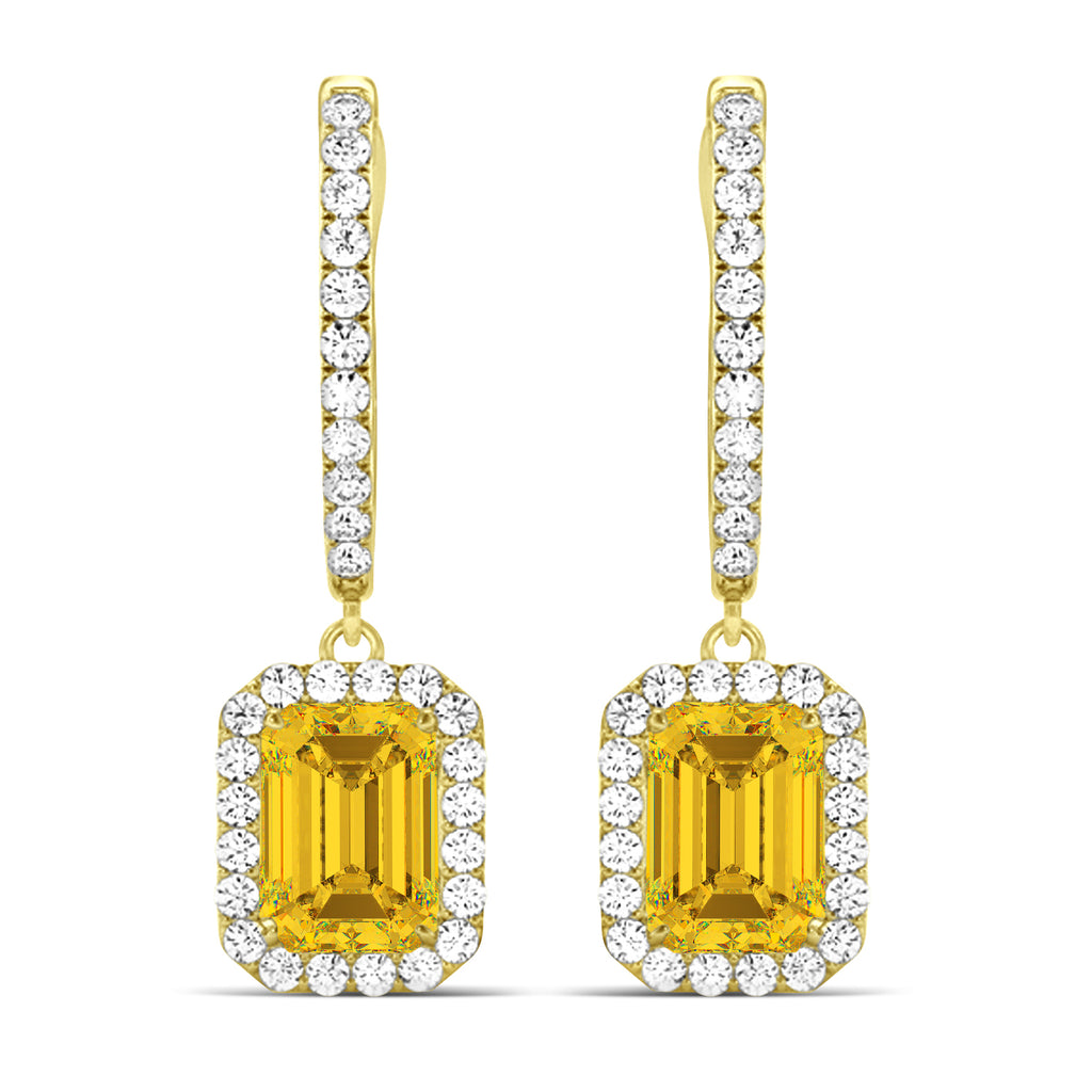 Emerald Shape Yellow Sapphire & Diamond Halo Dangling Earrings 14k Yellow Gold (1.90ct)