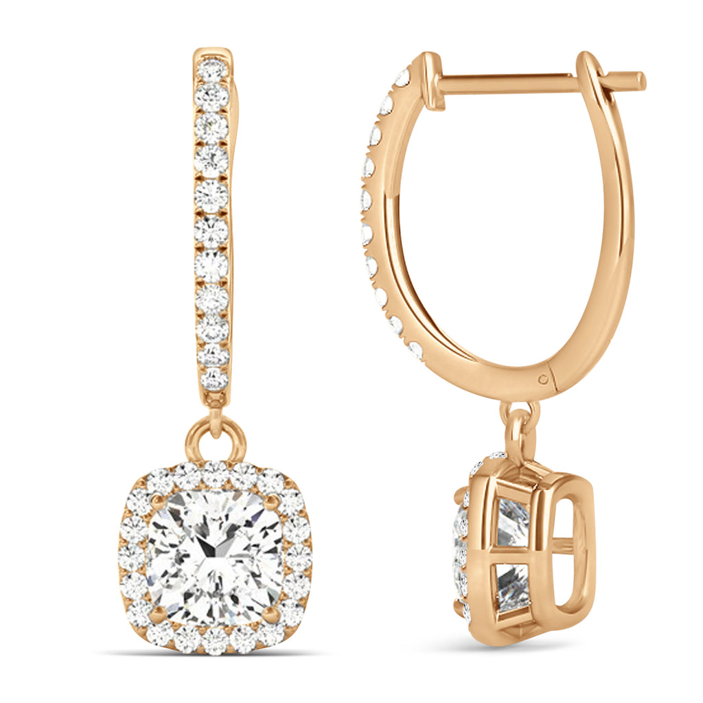 Cushion Shape Lab Diamond Halo Dangling Earrings 14k Rose Gold (2.18ct)