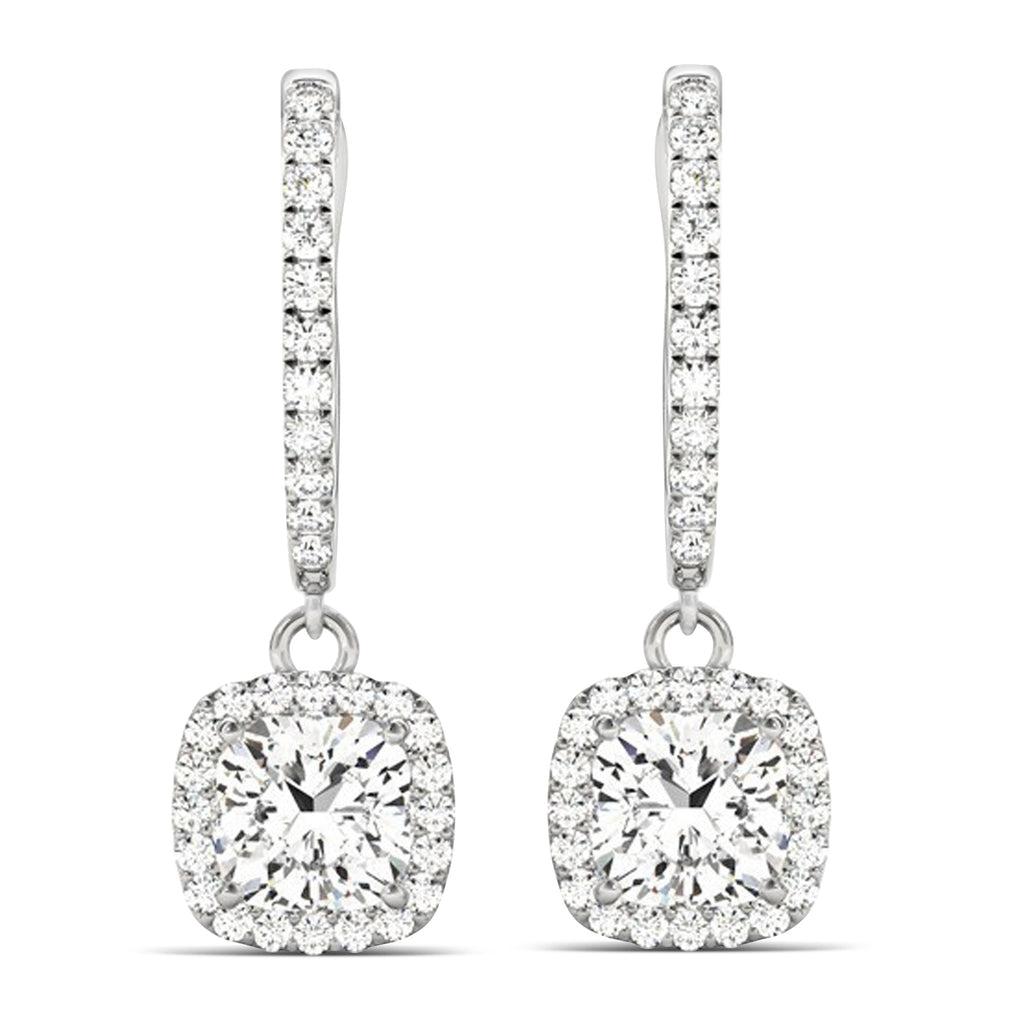 Cushion Shape Lab Diamond Halo Dangling Earrings 14k White Gold (2.18ct)