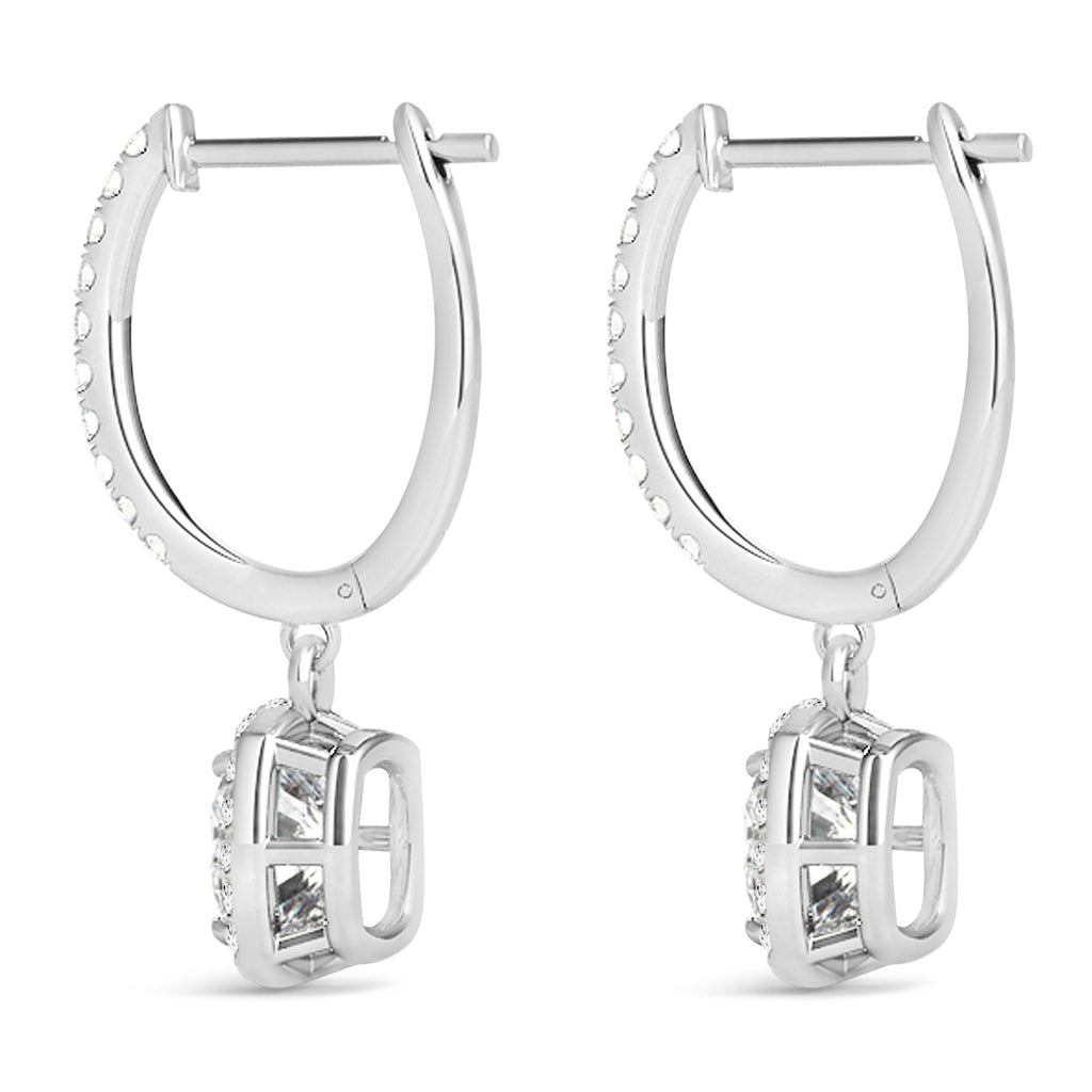 Cushion Shape Diamond Halo Dangling Earrings 14k White Gold (2.18ct)