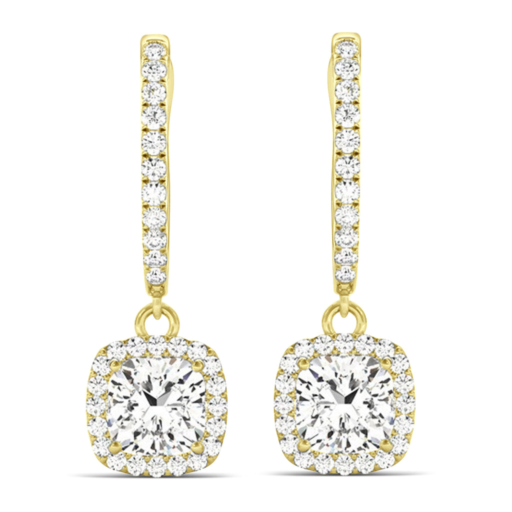 Cushion Shape Diamond Halo Dangling Earrings 14k Yellow Gold (2.18ct)