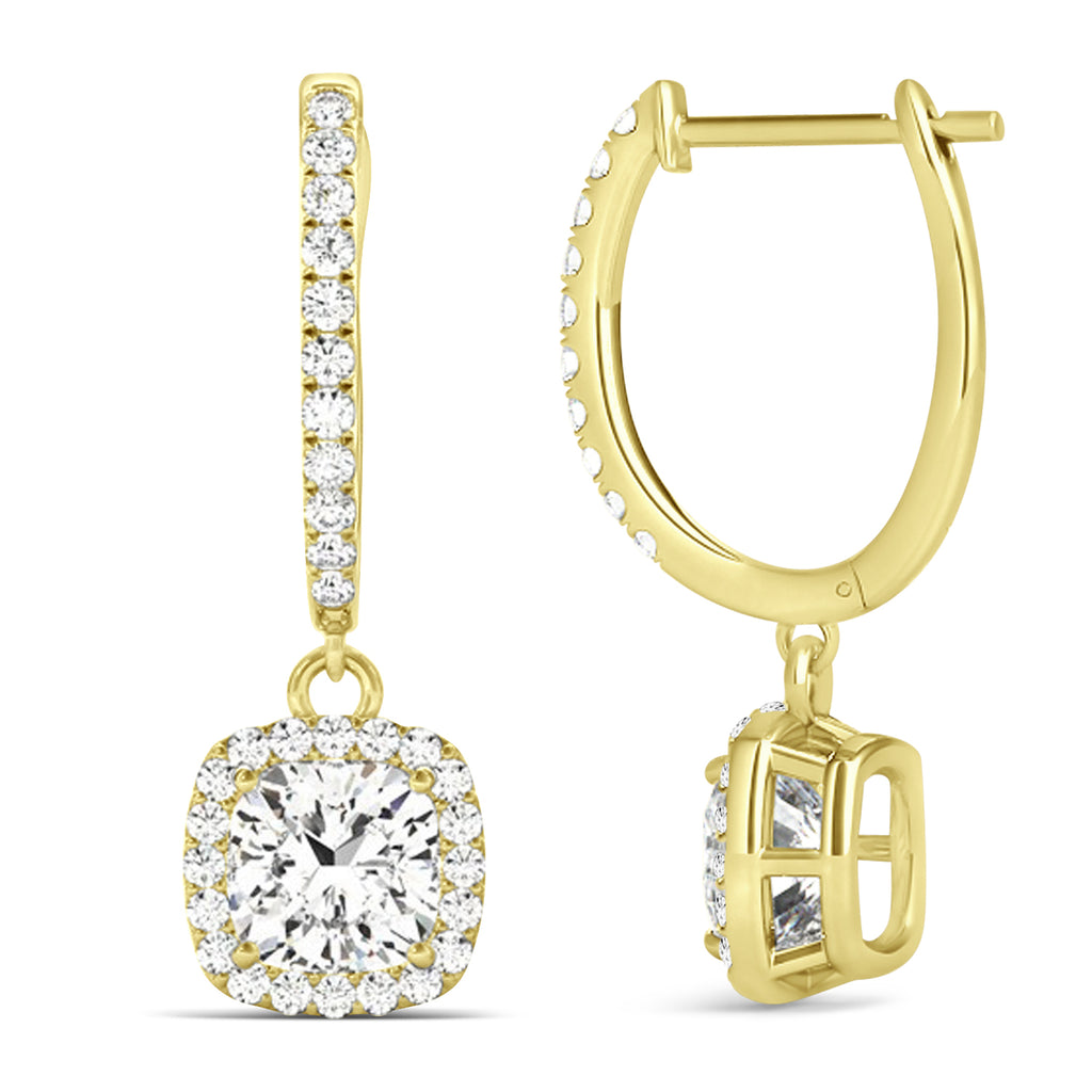 Cushion Shape Diamond Halo Dangling Earrings 14k Yellow Gold (2.18ct)