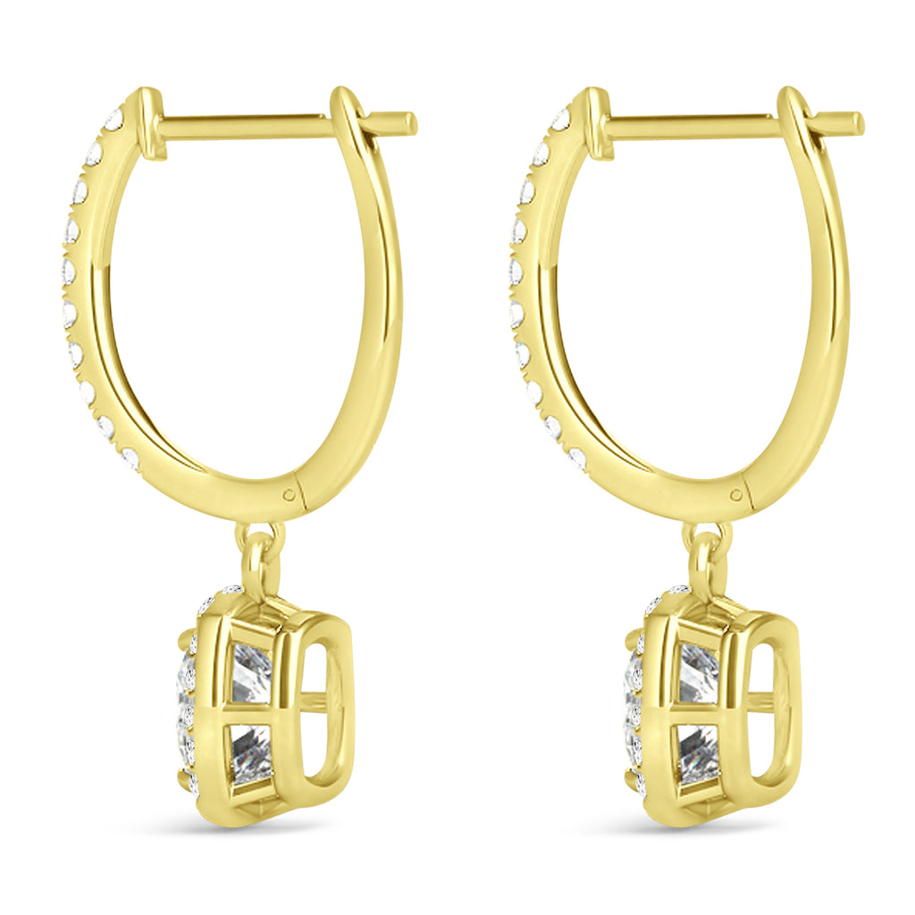 Cushion Shape Diamond Halo Dangling Earrings 14k Yellow Gold (2.18ct)