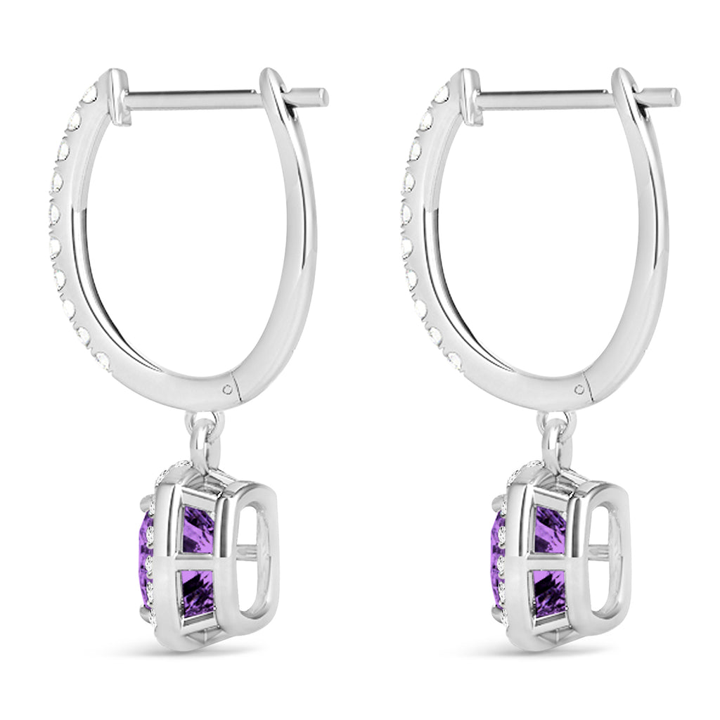 Cushion Amethyst & Diamond Halo Dangling Earrings 14k White Gold (2.20ct)