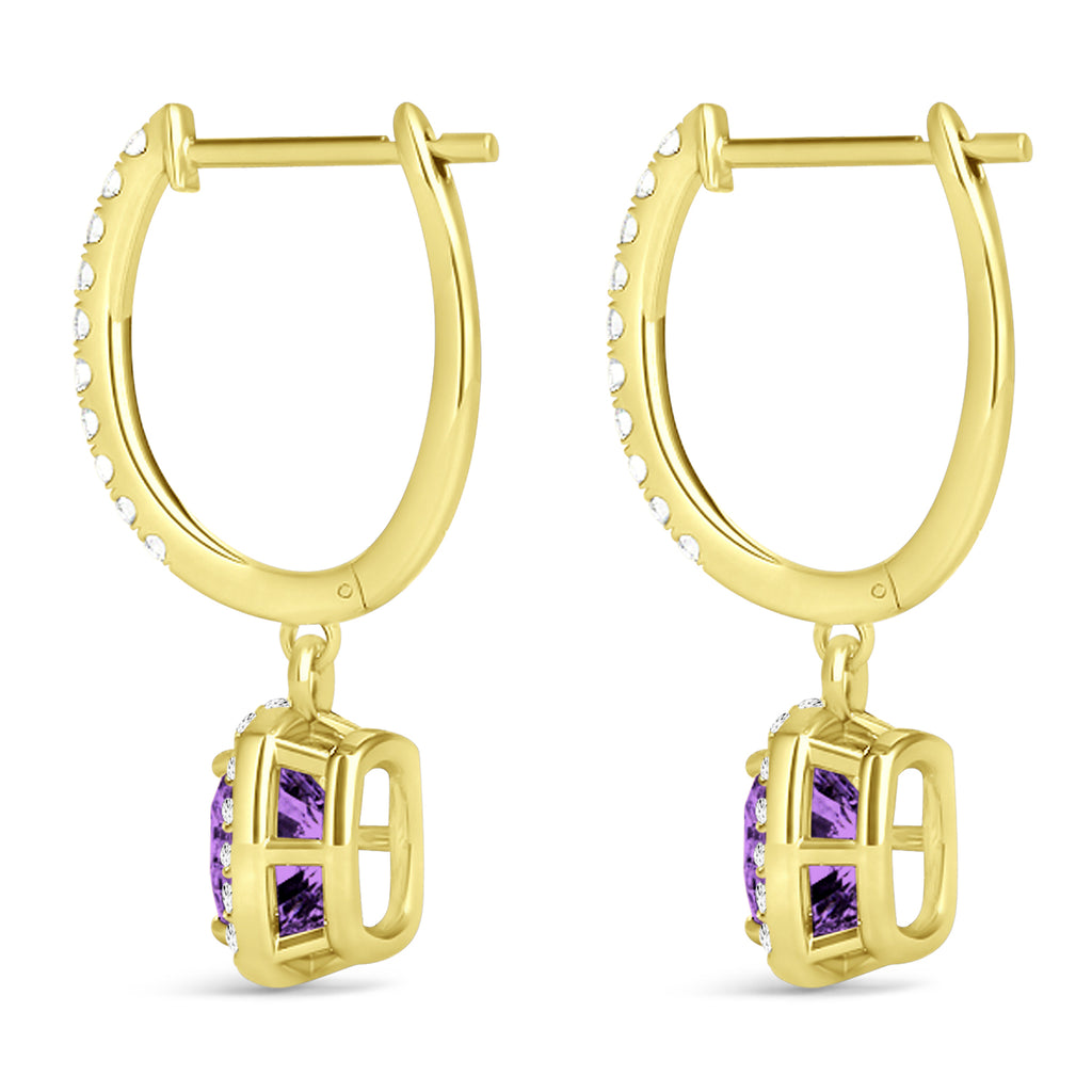 Cushion Amethyst & Diamond Halo Dangling Earrings 14k Yellow Gold (2.20ct)
