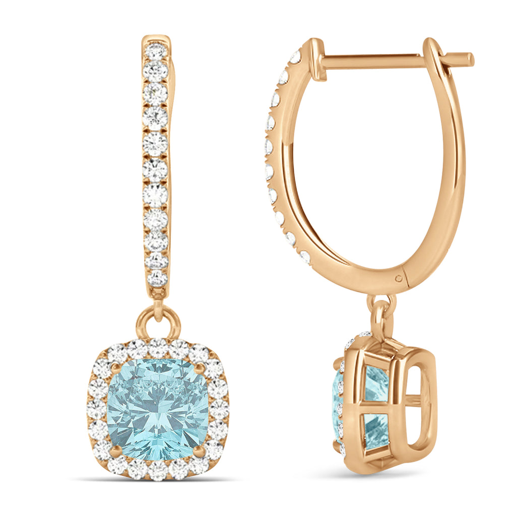 Cushion Lab Aquamarine & Lab Diamond Halo Dangling Earrings 14k Rose Gold (2.70ct)