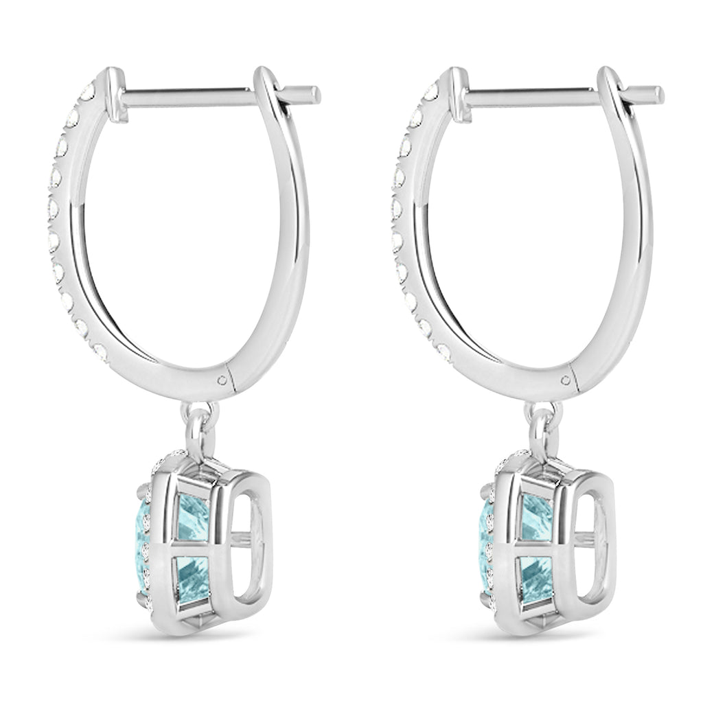 Cushion Aquamarine & Diamond Halo Dangling Earrings 14k White Gold (2.70ct)
