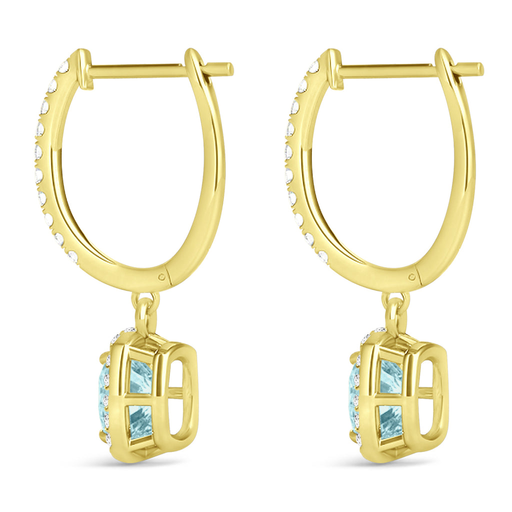 Cushion Lab Aquamarine & Lab Diamond Halo Dangling Earrings 14k Yellow Gold (2.70ct)