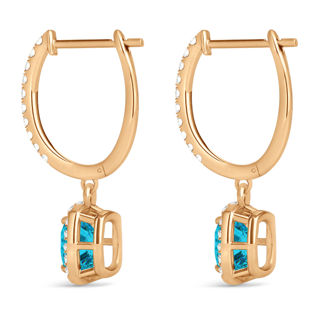 Cushion Shape Blue Diamond & Diamond Halo Dangling Earrings 14k Rose Gold (2.18ct)