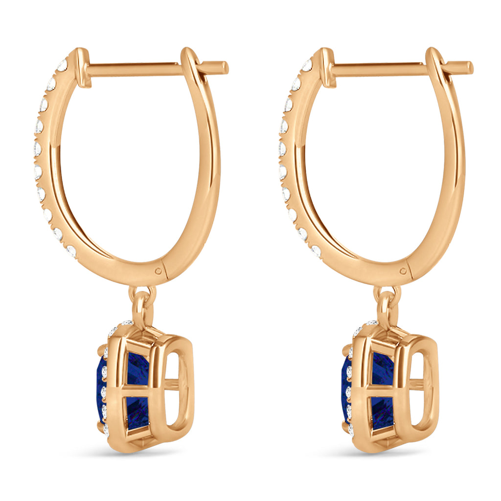 Cushion Lab Blue Sapphire & Lab Diamond Halo Dangling Earrings 14k Rose Gold (2.70ct)