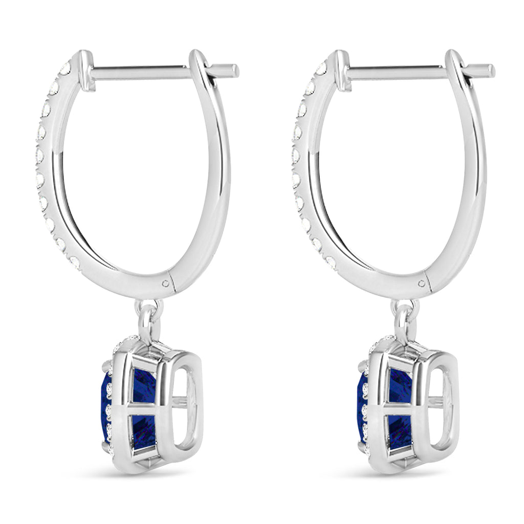 Cushion Lab Blue Sapphire & Lab Diamond Halo Dangling Earrings 14k White Gold (2.70ct)