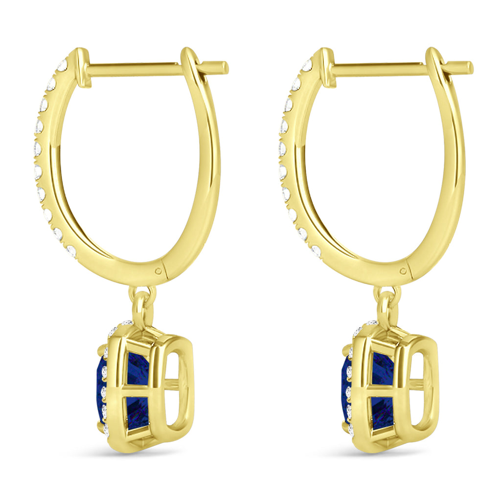 Cushion Lab Blue Sapphire & Lab Diamond Halo Dangling Earrings 14k Yellow Gold (2.70ct)
