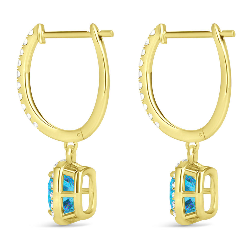 Cushion Lab Blue Topaz & Lab Diamond Halo Dangling Earrings 14k Yellow Gold (3.00ct)