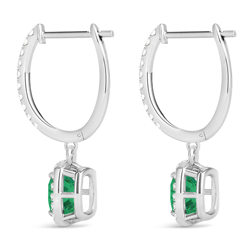 Cushion Lab Emerald & Lab Diamond Halo Dangling Earrings 14k White Gold (2.70ct)