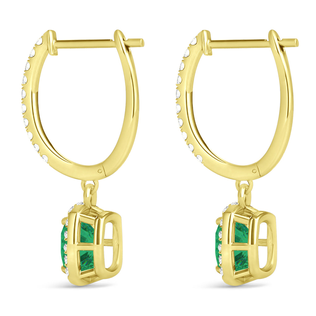 Cushion Emerald & Diamond Halo Dangling Earrings 14k Yellow Gold (2.70ct)