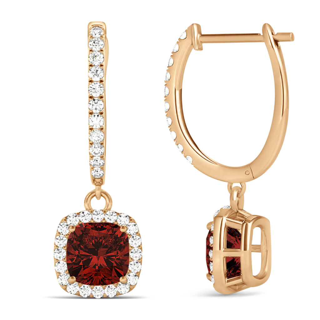 Cushion Lab Garnet & Lab Diamond Halo Dangling Earrings 14k Rose Gold (2.90ct)