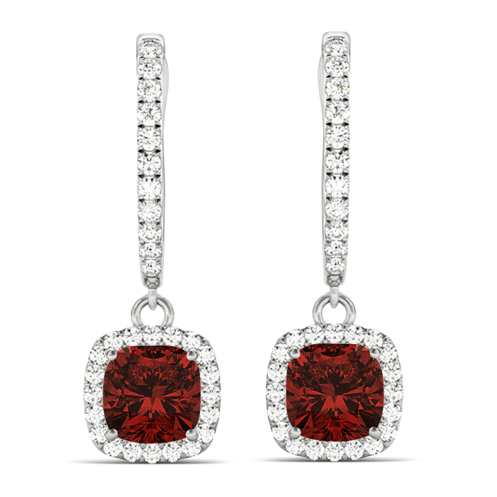 Cushion Lab Garnet & Lab Diamond Halo Dangling Earrings 14k White Gold (2.90ct)