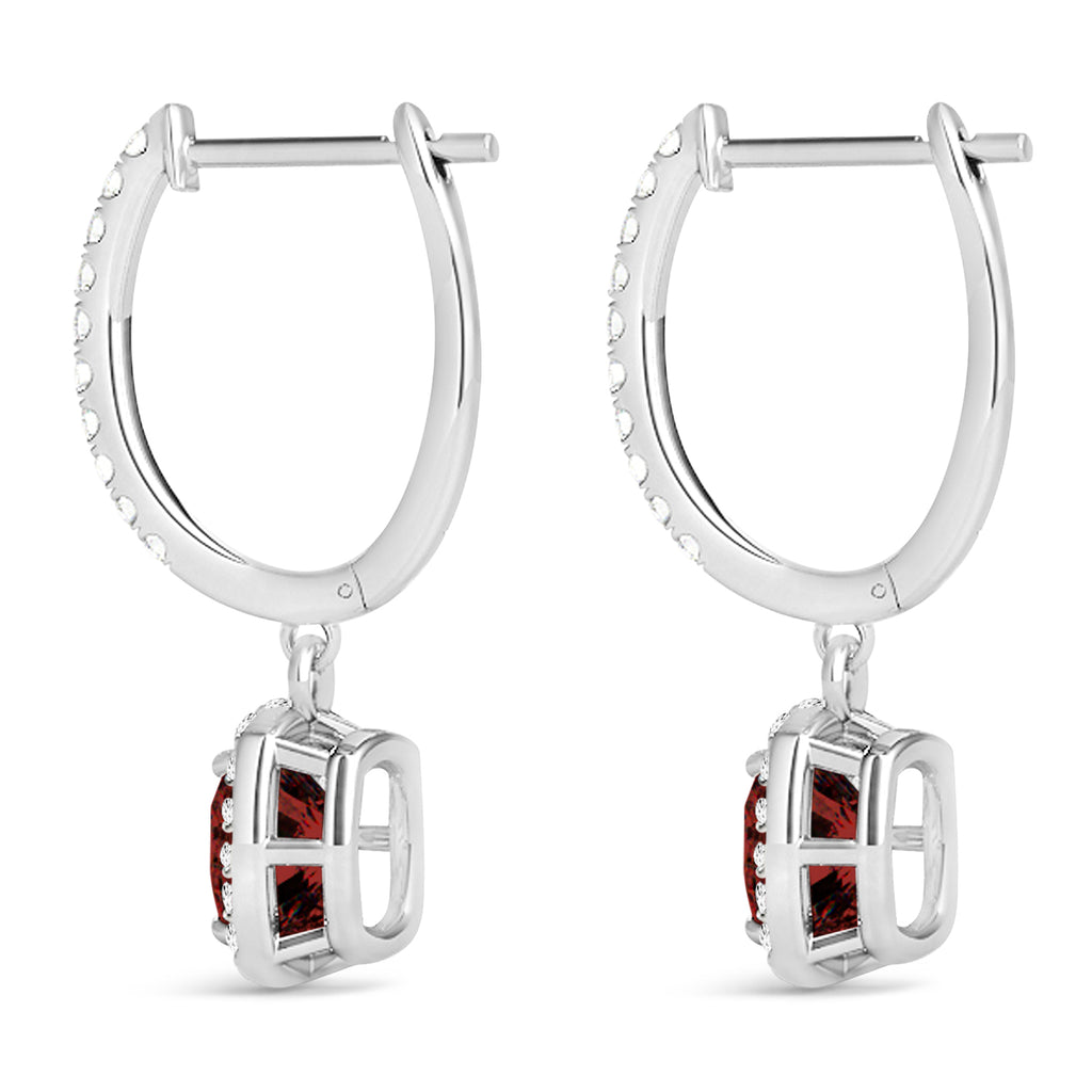 Cushion Lab Garnet & Lab Diamond Halo Dangling Earrings 14k White Gold (2.90ct)