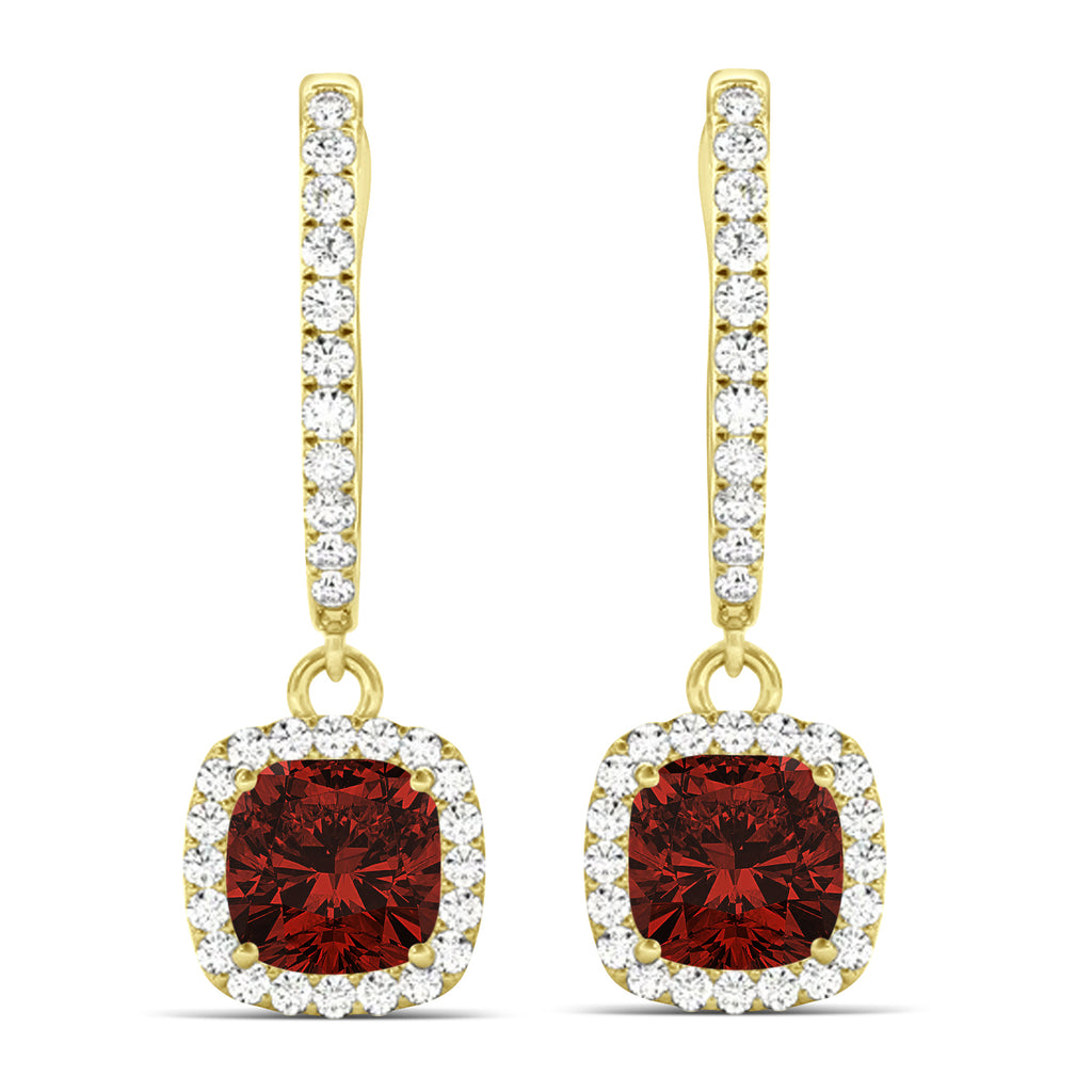 Cushion Lab Garnet & Lab Diamond Halo Dangling Earrings 14k Yellow Gold (2.90ct)