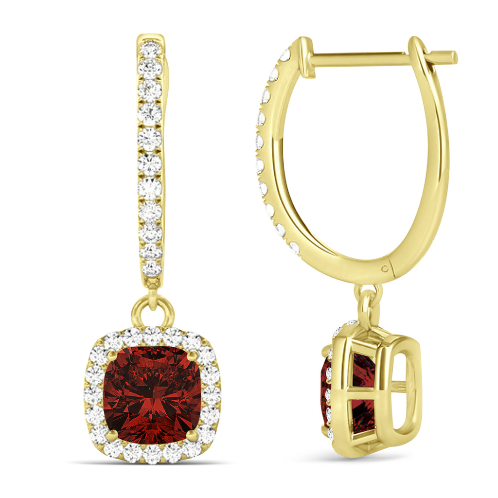 Cushion Lab Garnet & Lab Diamond Halo Dangling Earrings 14k Yellow Gold (2.90ct)