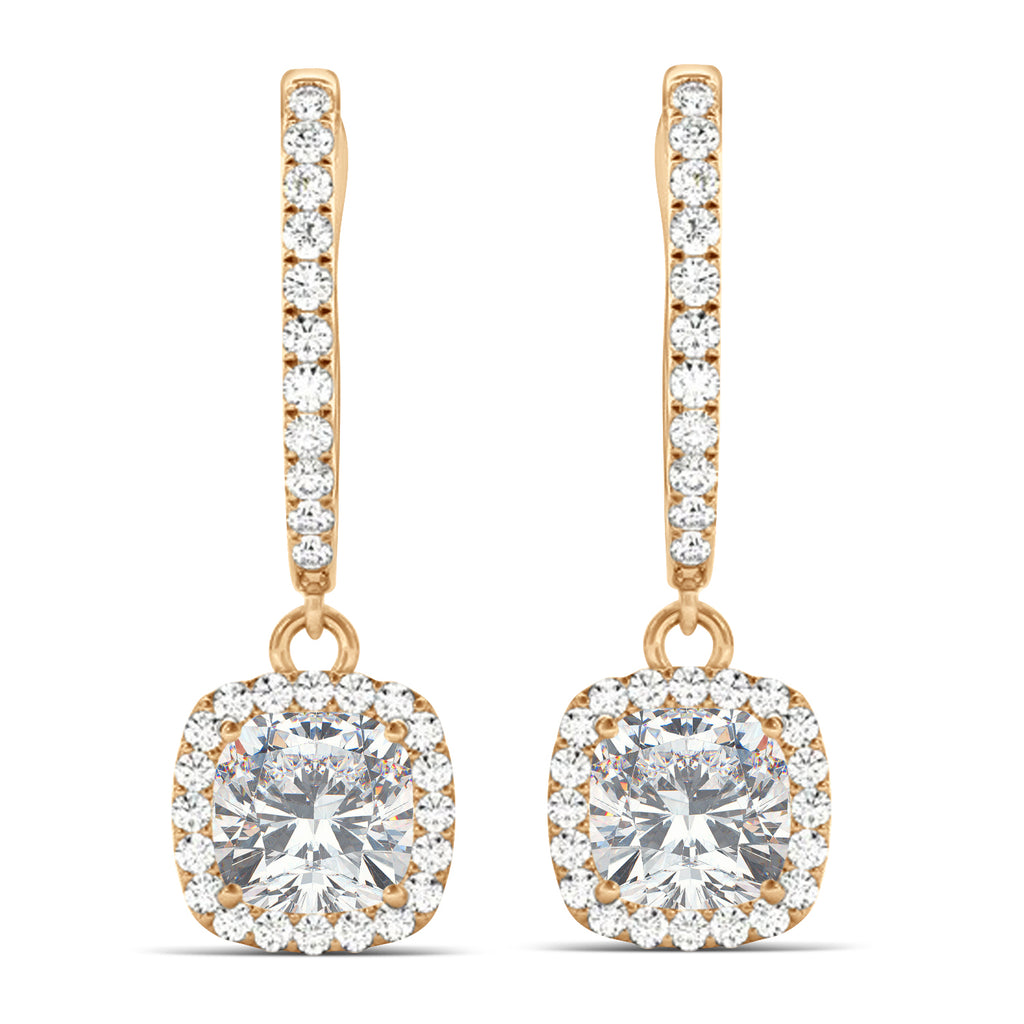 Cushion Moissanite & Diamond Halo Dangling Earrings 14k Rose Gold (2.70ct)