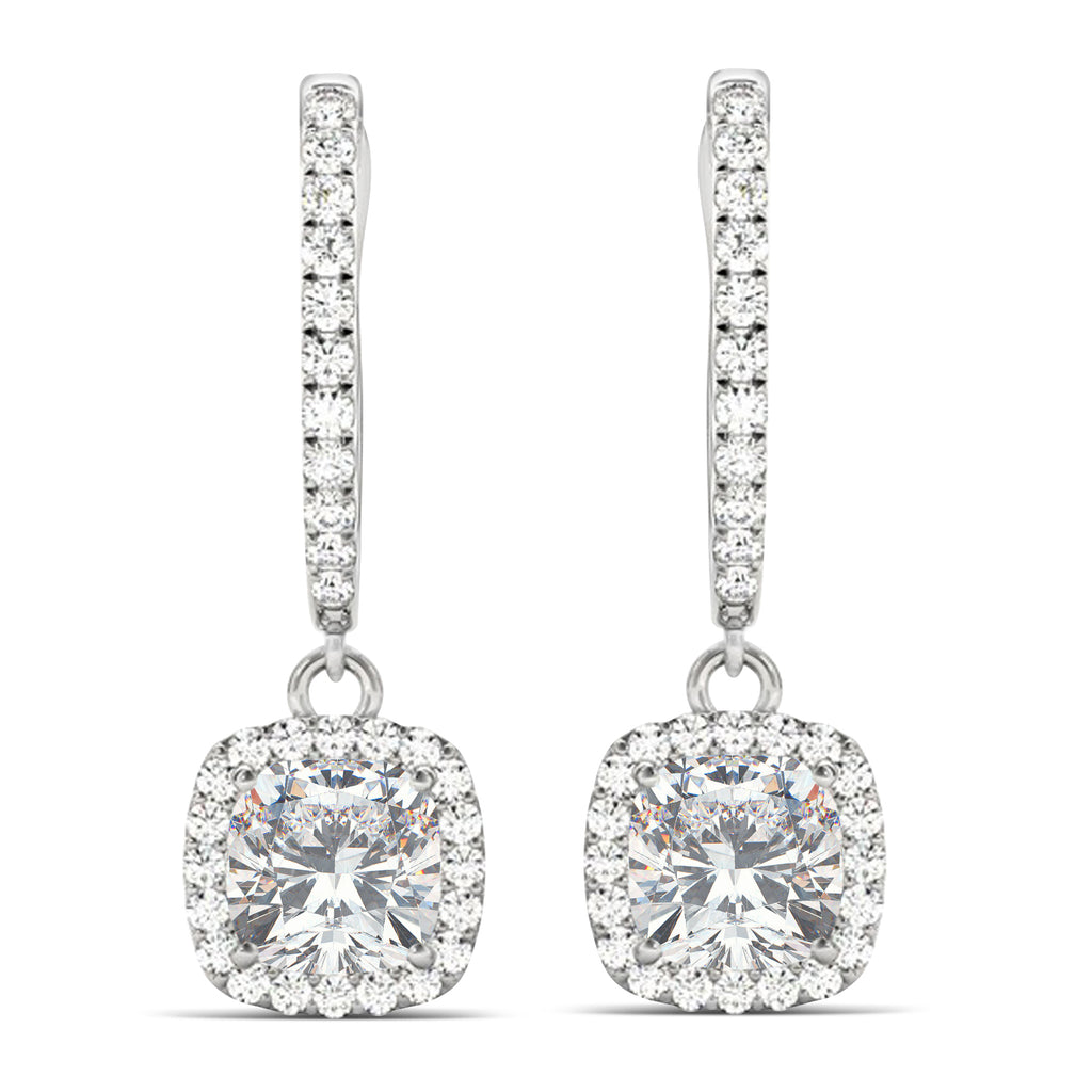 Cushion Moissanite & Diamond Halo Dangling Earrings 14k White Gold (2.70ct)