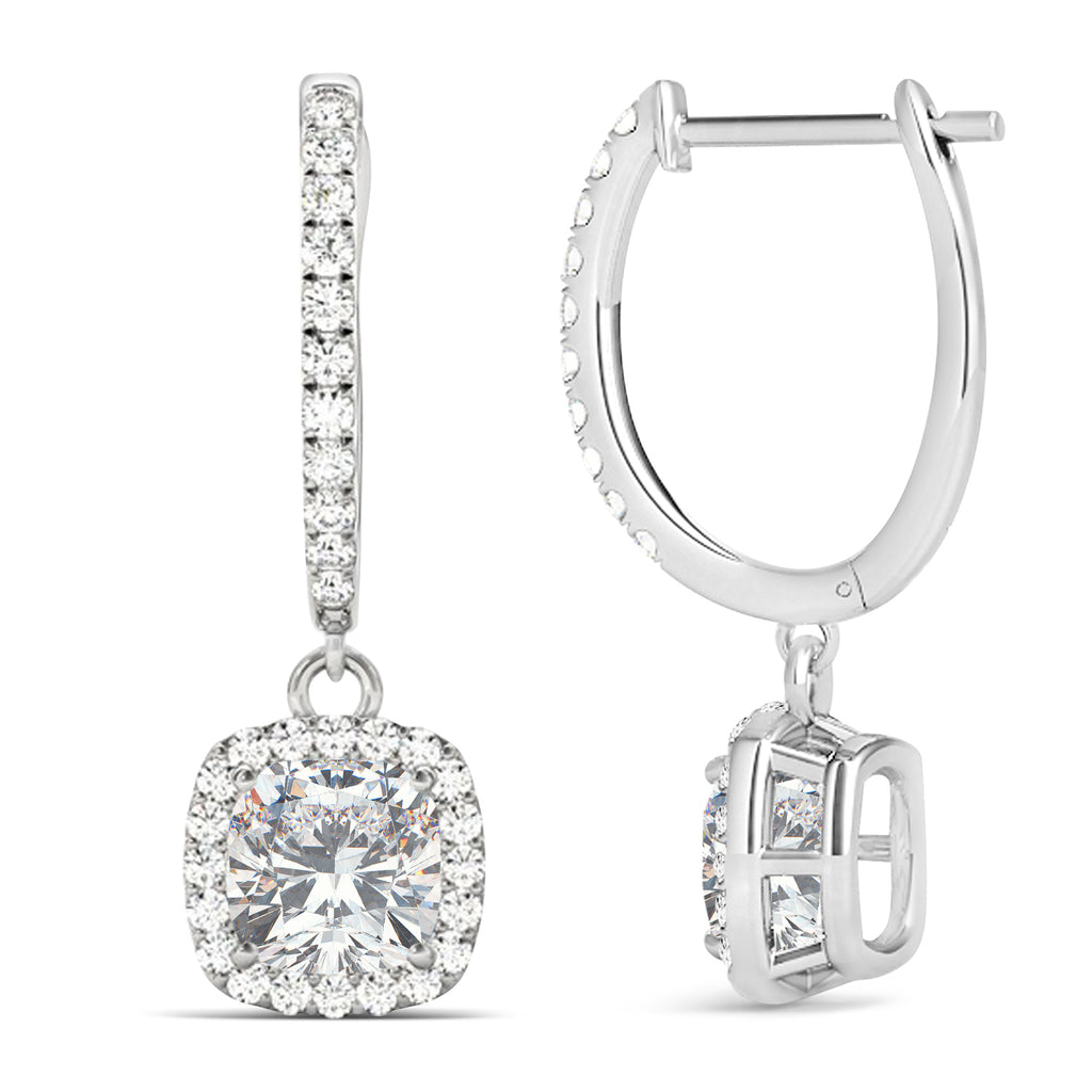 Cushion Moissanite & Diamond Halo Dangling Earrings 14k White Gold (2.70ct)