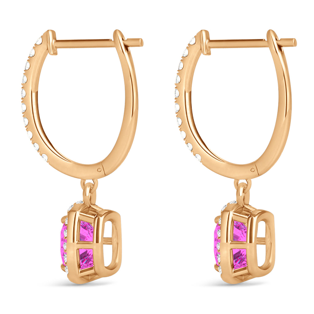 Cushion Lab Pink Sapphire & Lab Diamond Halo Dangling Earrings 14k Rose Gold (2.70ct)