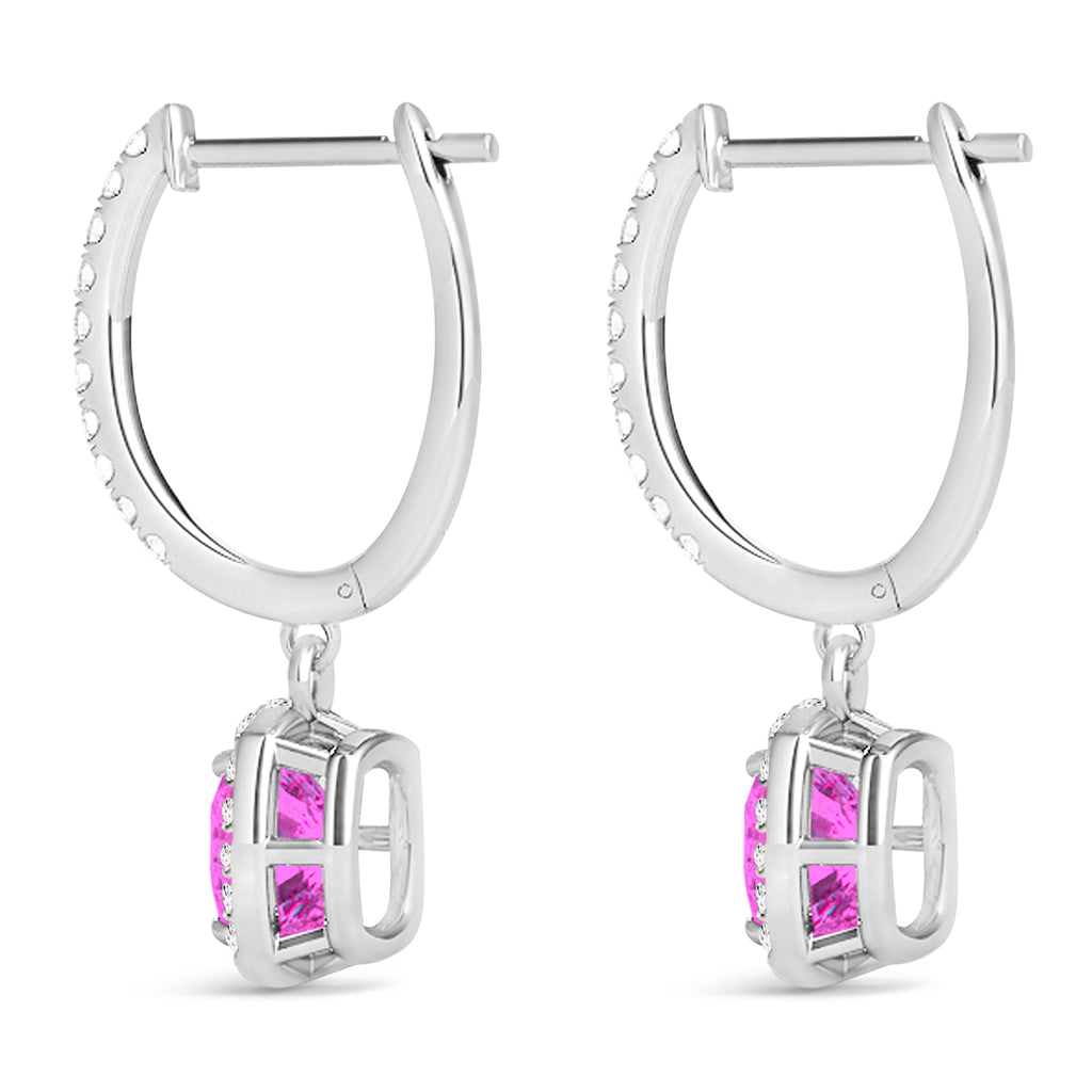 Cushion Lab Pink Sapphire & Lab Diamond Halo Dangling Earrings 14k White Gold (2.70ct)