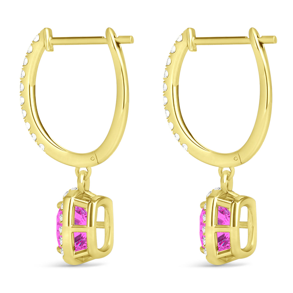Cushion Lab Pink Sapphire & Lab Diamond Halo Dangling Earrings 14k Yellow Gold (2.70ct)
