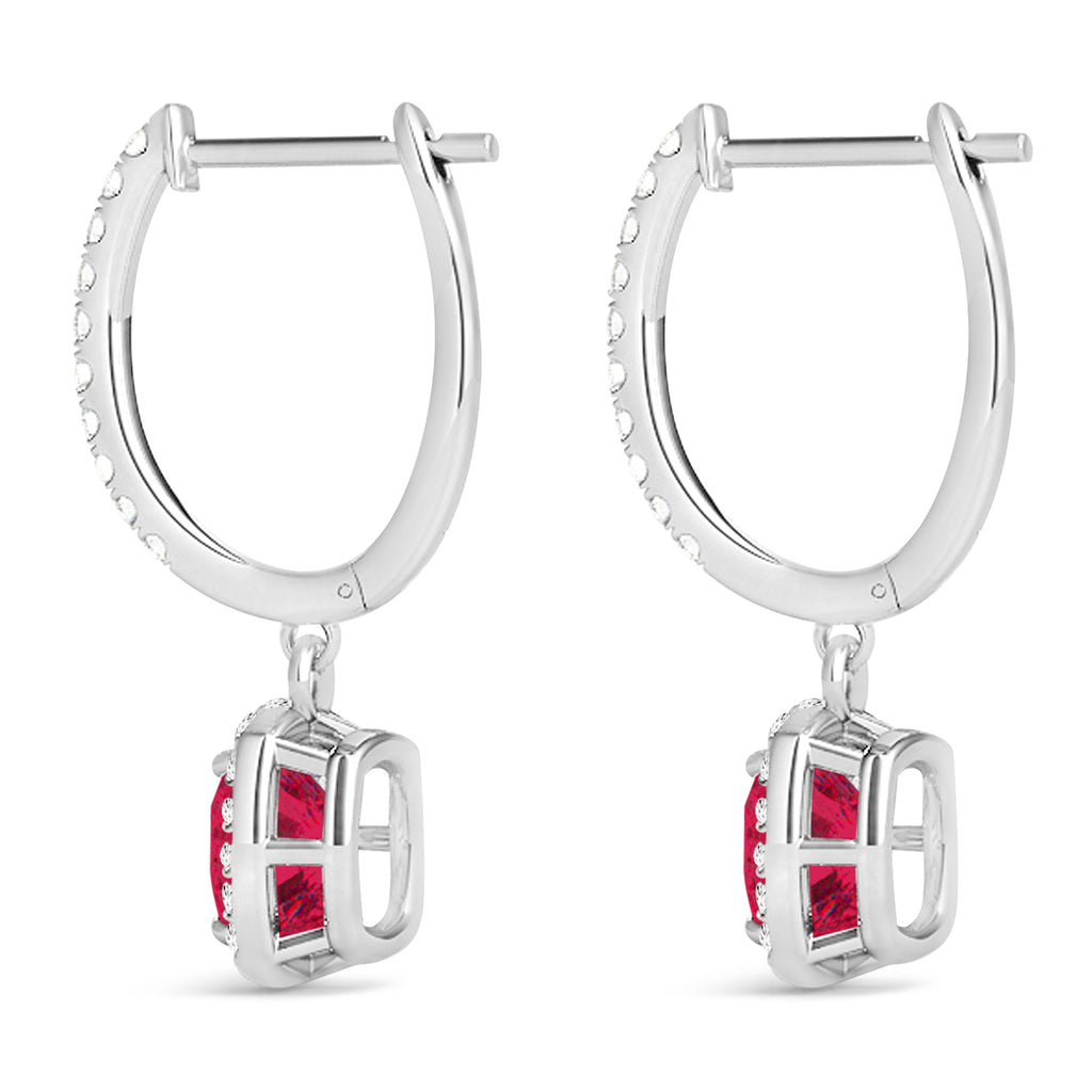 Cushion Lab Ruby & Lab Diamond Halo Dangling Earrings 14k White Gold (3.40ct)