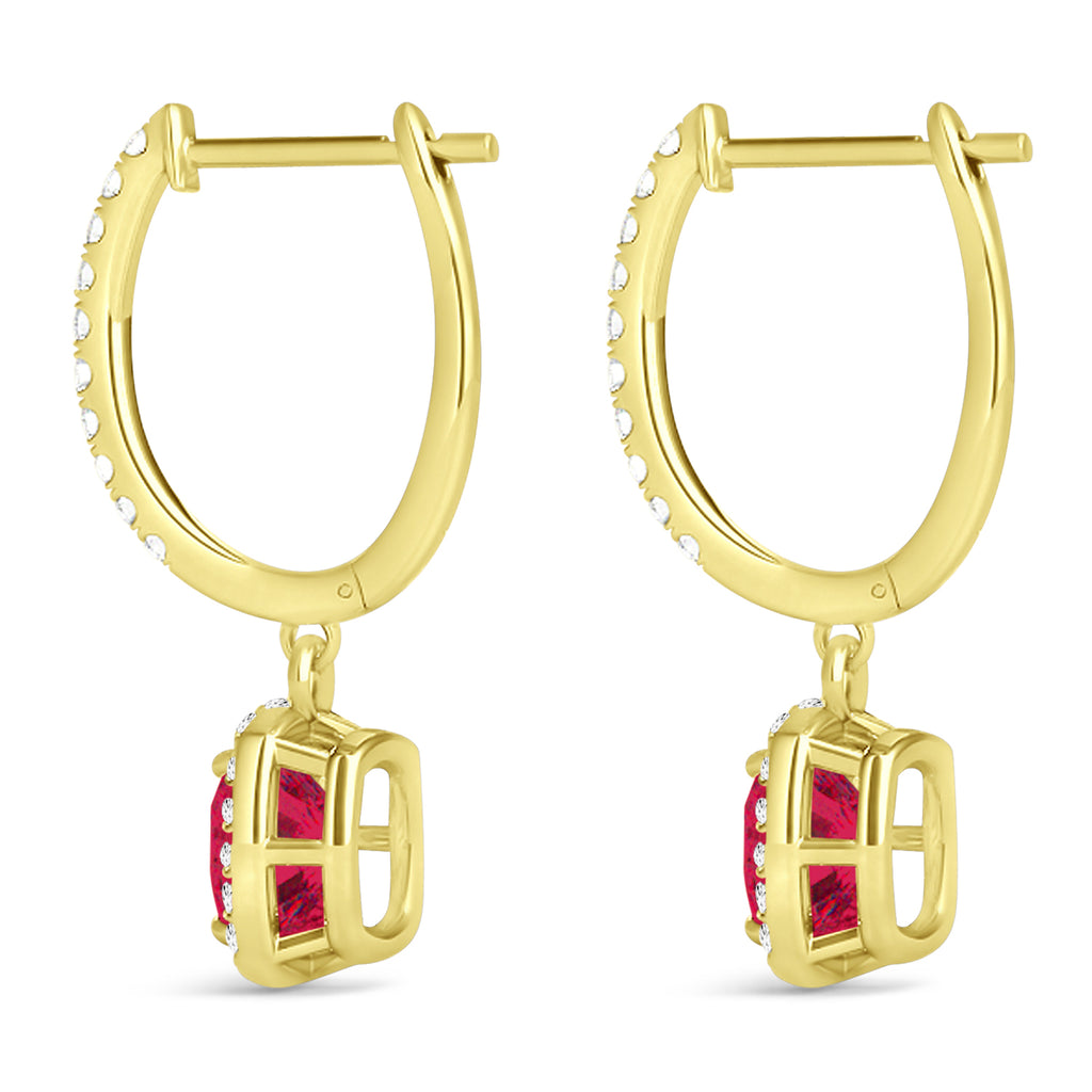 Cushion Ruby & Diamond Halo Dangling Earrings 14k Yellow Gold (3.40ct)
