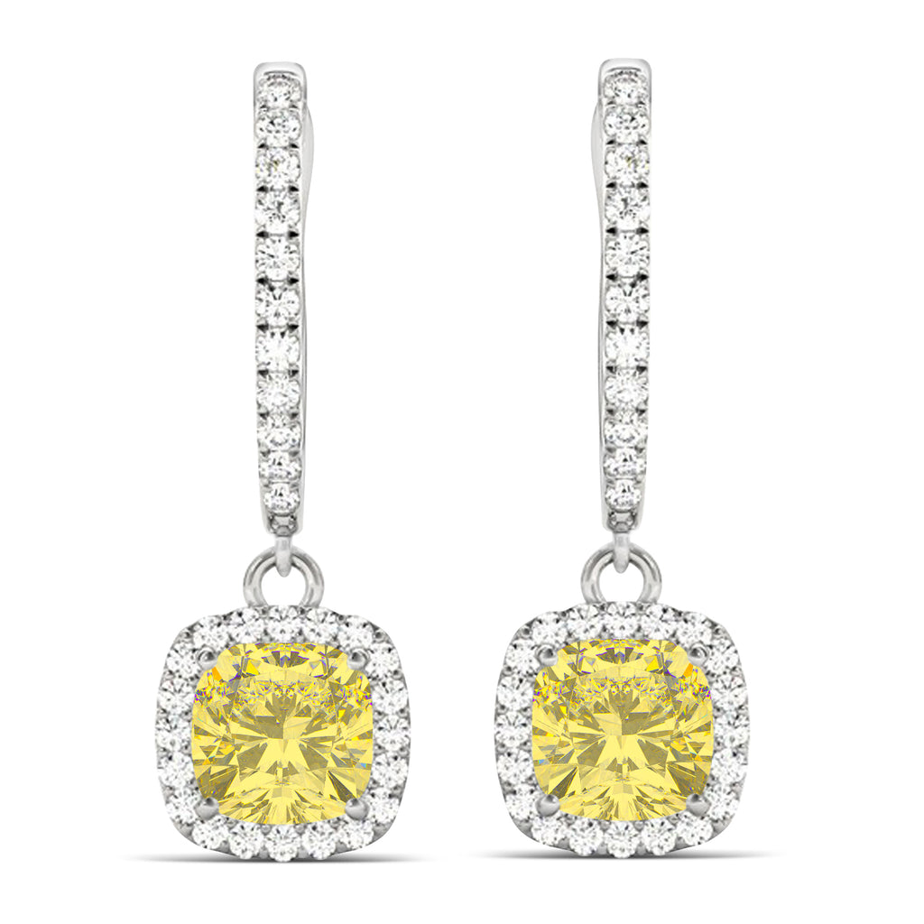 Cushion Shape Yellow Diamond & Diamond Halo Dangling Earrings 14k White Gold (2.18ct)
