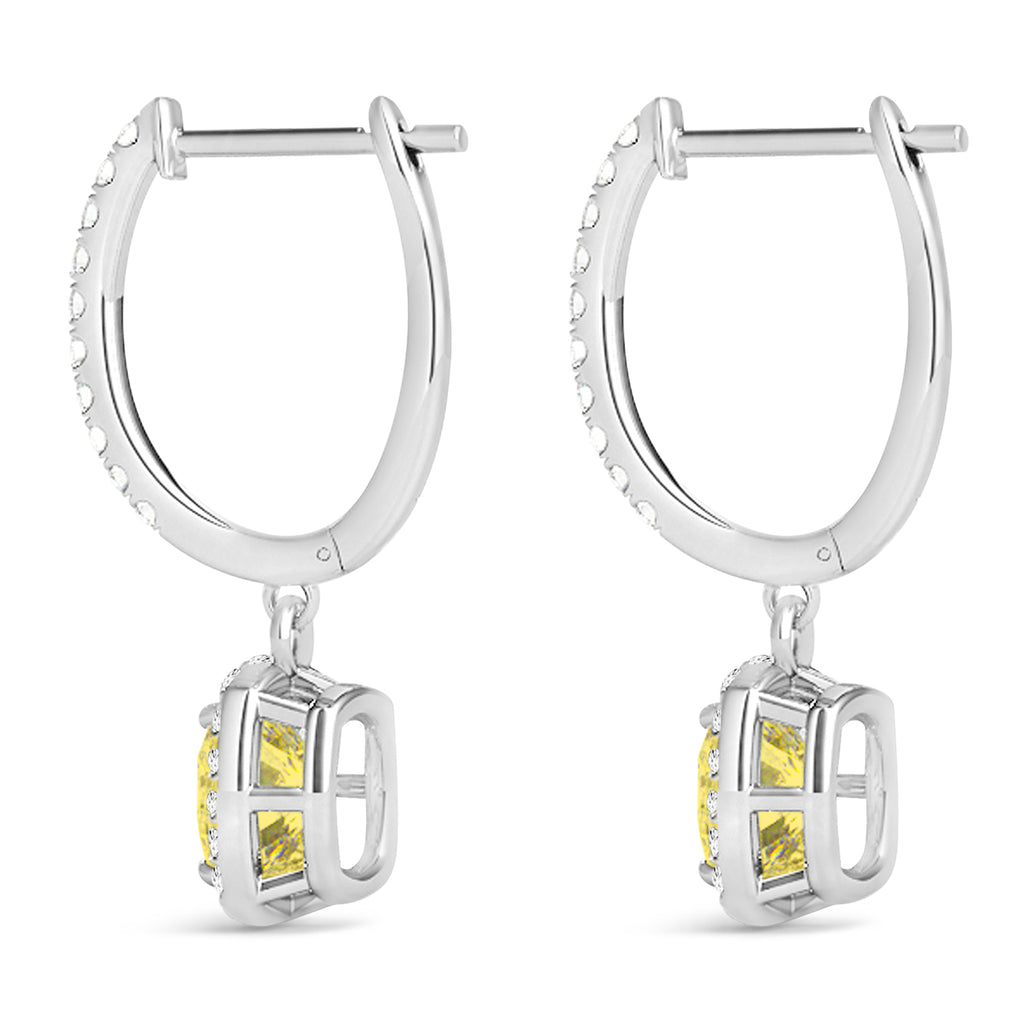 Cushion Shape Yellow Diamond & Diamond Halo Dangling Earrings 14k White Gold (2.18ct)