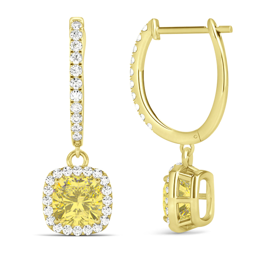 Cushion Shape Yellow Diamond & Diamond Halo Dangling Earrings 14k Yellow Gold (2.18ct)