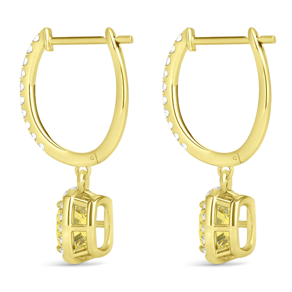 Cushion Shape Yellow Diamond & Diamond Halo Dangling Earrings 14k Yellow Gold (2.18ct)