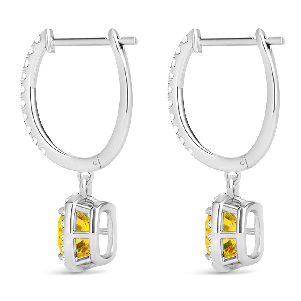 Cushion Yellow Sapphire & Diamond Halo Dangling Earrings 14k White Gold (2.70ct)