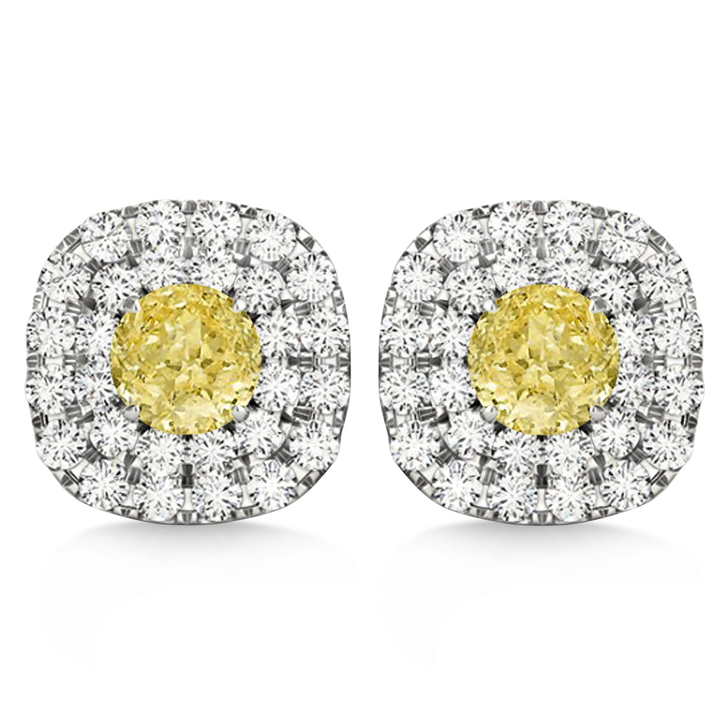 Double Halo Yellow & White Diamond Earrings 14k White Gold (1.36ct)