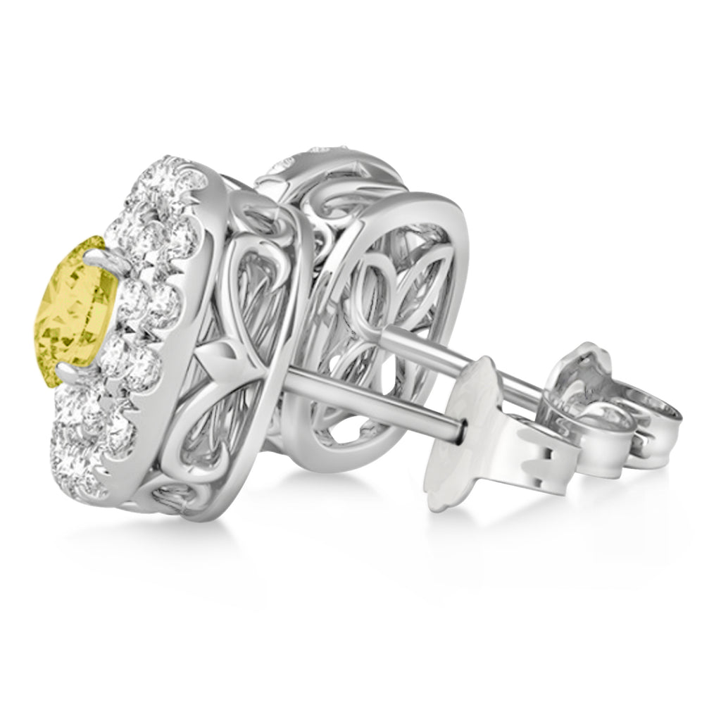 Double Halo Yellow & White Diamond Earrings 14k White Gold (1.36ct)
