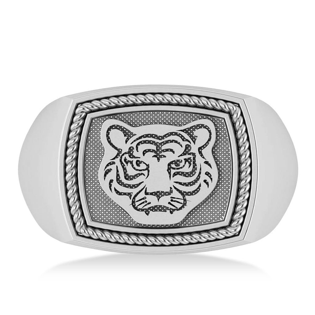 Tiger's Face Shaped Gents Ring 14k White Gold
