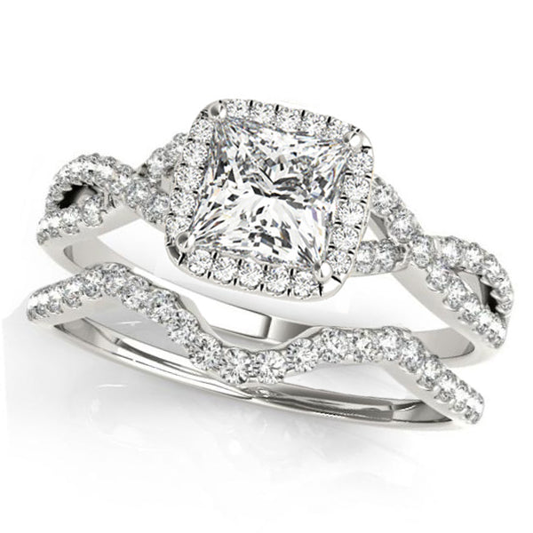 Twisted Princess Diamond Engagement Ring Bridal Set 14k White Gold (0.57ct)