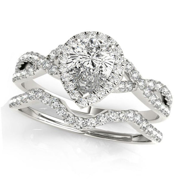 Twisted Pear Diamond Engagement Ring Bridal Set 18k White Gold (1.57ct)