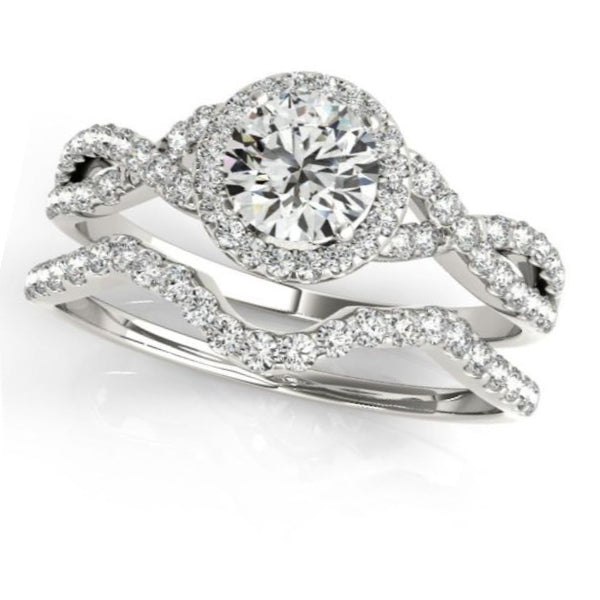 Twisted Round Diamond Engagement Ring Bridal Set 18k White Gold (1.07ct)