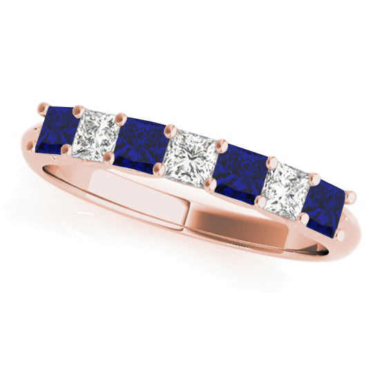 Princess cut Diamond & Blue Sapphire Bridal Set 14k Rose Gold 1.30ct